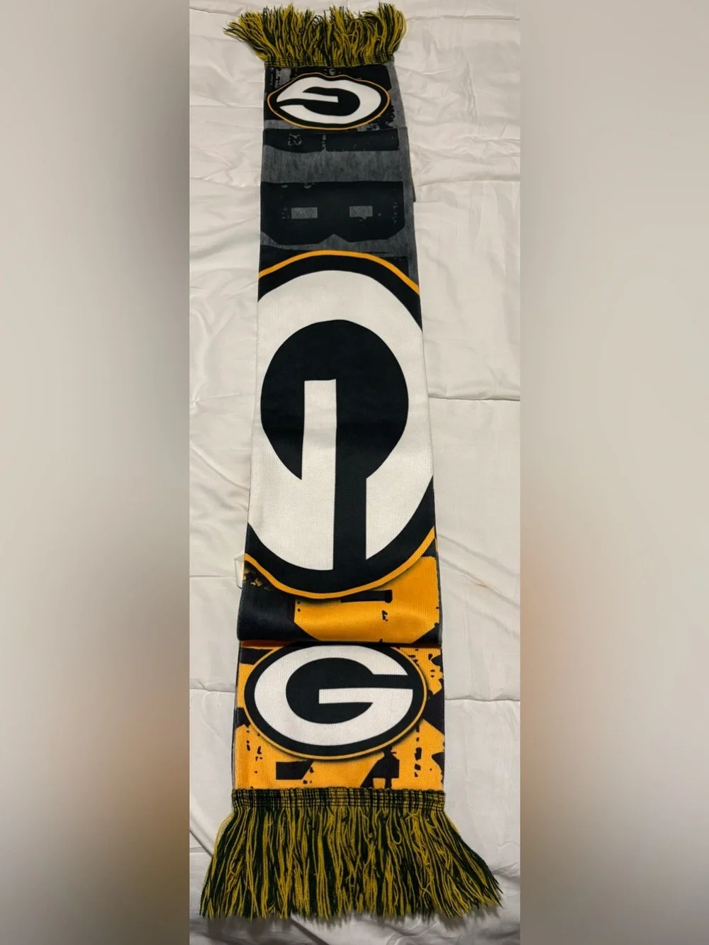 RARE Vintage Green Bay Packers FOCO Polyester Sublimated Split Scarf -Gray/Yell